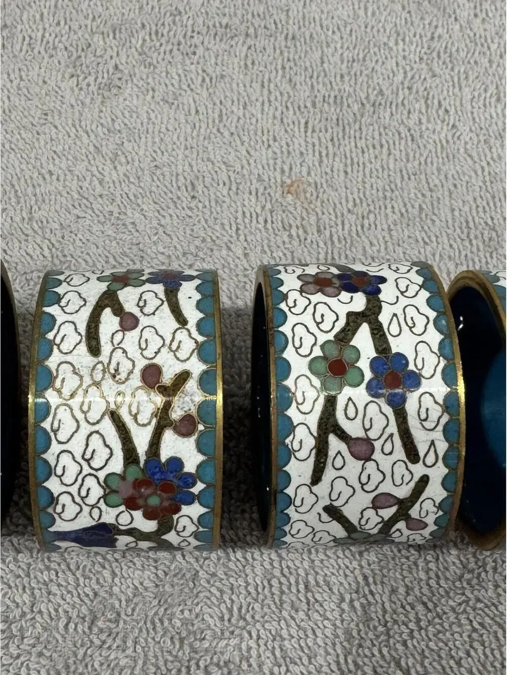 Vintage Cloisonné Enamel Napkin Rings Chinese 6 Red Blue Green Floral